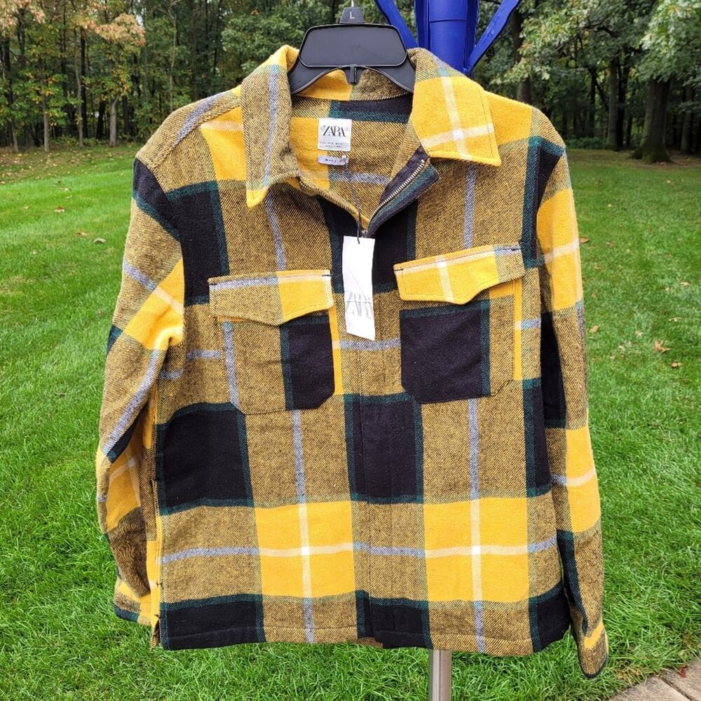NWT Zara Lined Yellow Plaid Flannel Relaxed Fit Shacket Shirt Jacket size Medium